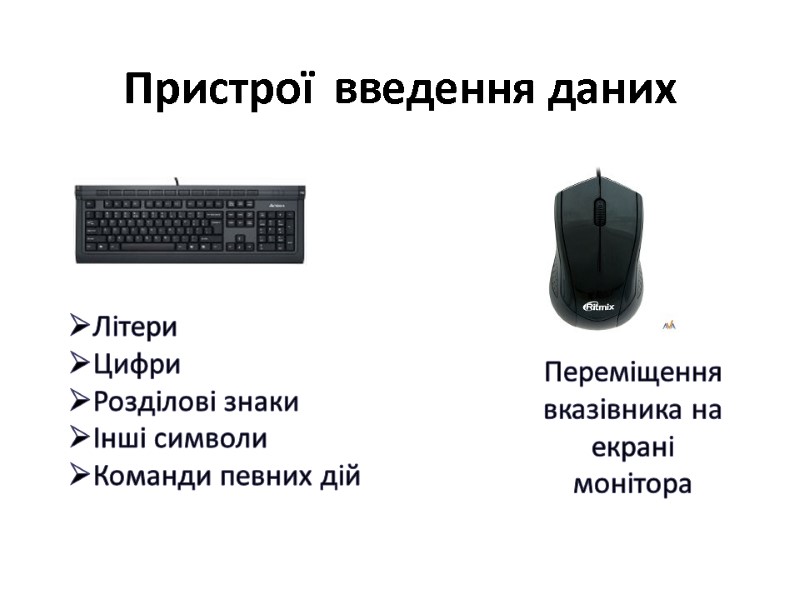 Пристрої  введення даних Літери Цифри Розділові знаки Інші символи Команди певних дій Переміщення